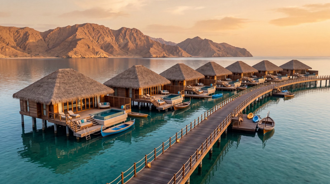 Thatched pile-founded residences standing over calm turquoise water at sunset, linked by a timber boardwalk, small boats moored beneath the decks, bare desert mountains behind.